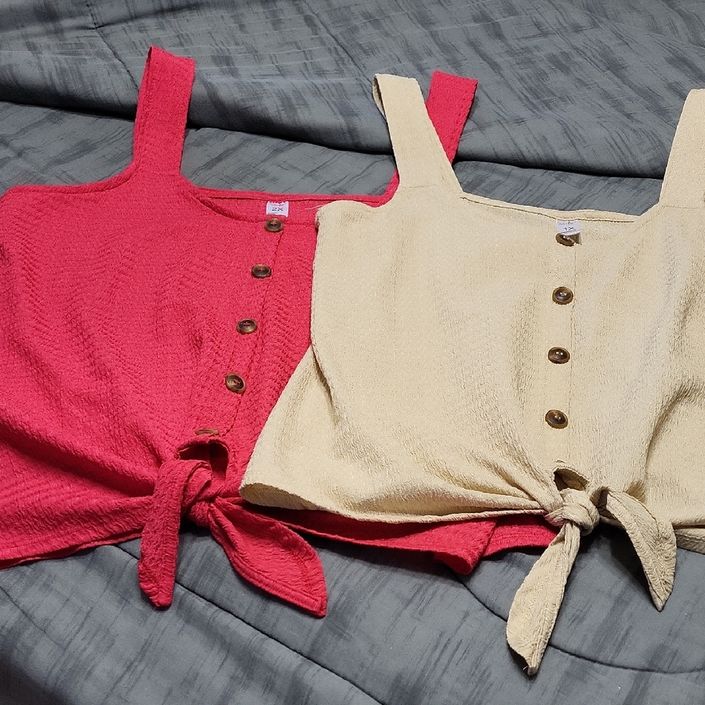 Women's Button-Down Tie-Front Tops - Red And Cream, Pit To Pit Is 19 And20